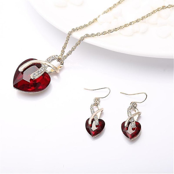 Vintage Women's Crystal Love Heart Jewelry Set, One Necklace and One Pair of Earrings per Package, Red