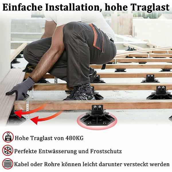 10-pack däckplattor - höjdjusterbara 30-60mm - plast - för däck, underkonstruktion och däck