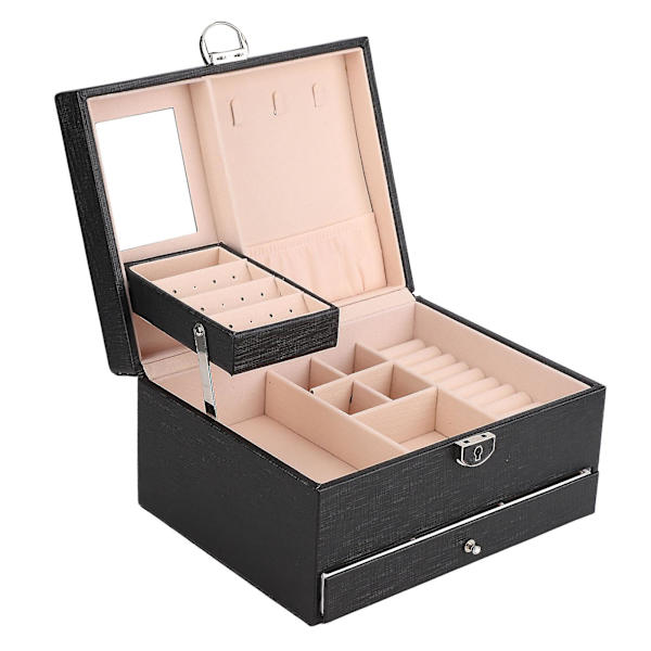 Husholdnings Smykke Opbevaringsboks Vandtæt PU Læder Smykke Etui Dobbelt Lag Opdeling Stor Kapacitet Ornament Organizer Sort