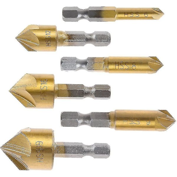 6 st HSS Fasavskärare 90 Grader 5 Spår Fasavskärare Hålskärare Titanbelagd Sänkskruv 1/4\" Träbearbetningsborr Sexkantskaft 6mm 8mm 9m