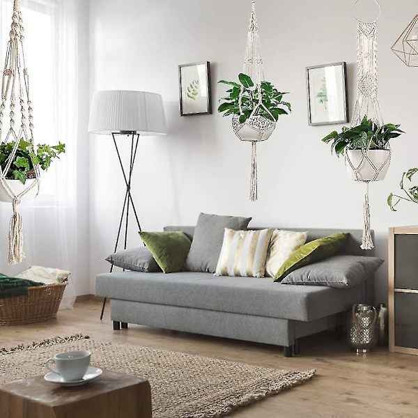 Macrame-växtupphängningar, set med 4 inomhusupphängda krukor, handgjord upphängningsbar växtkruka - 43 tum, 4 ben