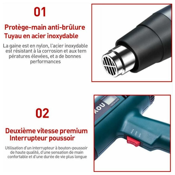 BF varmluftspistol, varmluftspistol 1800 W, LCD-display, temperatur 60 till 600 grader Celsius, snabb uppvärmning, luftflöde 300 till 550 l/min + 4 munstycken