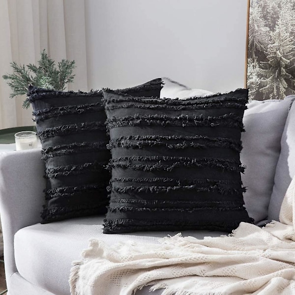 Set med 2 sorte putetrekk Rustikk lin dekorative firkantede pynteputer 16x16 tommer for sofa sofadekorasjon