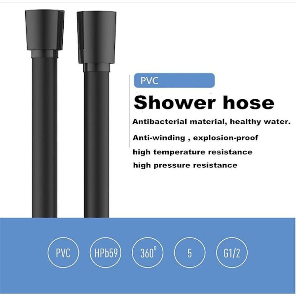 1m/1,5m/2m slät PVC-duschsslang, Heilwiy svart, Heilwiy högtryck