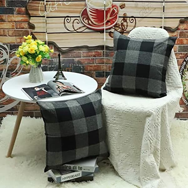 Check Linen Pudebetræk, Hjem Sofa Bil Dekorative Pudebetræk 5050cm, Sæt af 2, Sort
