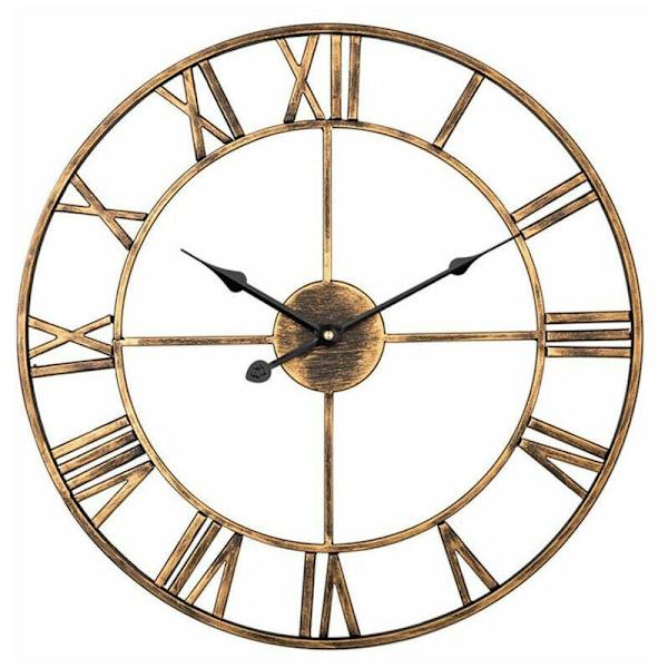 Stor väggklocka utan tickande, stor väggklocka med romerska siffror, 40 cm, vintage väggklocka i metall, väggklocka för vardagsrum, sovrum, kök (vintage guld)