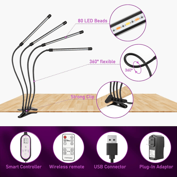 Plantelys, 80 LED'er 360 Grow Light Hortikulturbelysning Med, Automatisk Timing - Til/fra 4t/8t/12t [energiklasse A+++]