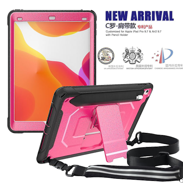 Shiny Surface Etui til Ipad Pro 9.7 Tommer Air 2 Med Aftagelig Skulderrem, Justerbart Stativ, Opbevaringspose, Fuld Beskyttelse Cover