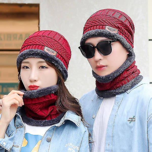 Vinter varm strikket slouch beanie lue ski hals varmer skjerf berøringsskjerm 2 stk sett（Rød）