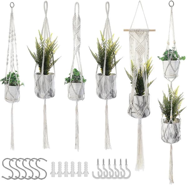Set med 6 Macrame-hängande korgar, Boho bomullsrep växtkrukor med krokar