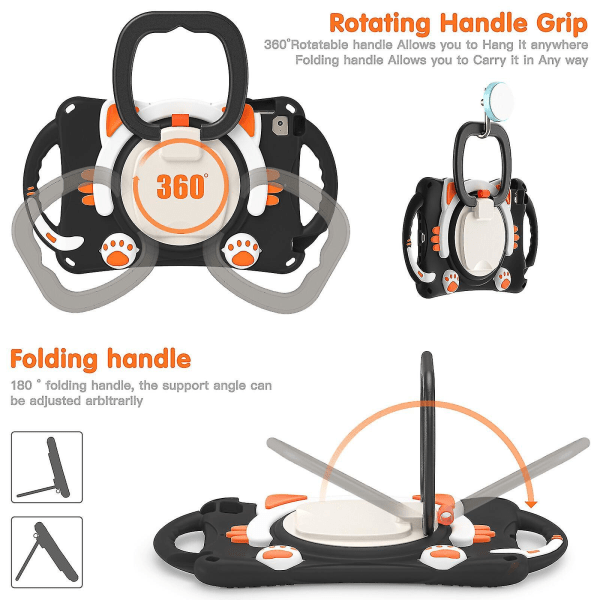 Nytt kattedesign deksel for iPad Mini 1/2/3/4/5 med skulderstropp, to håndtak, 360 roterende stativ, støtsikker design（Svart oransje）