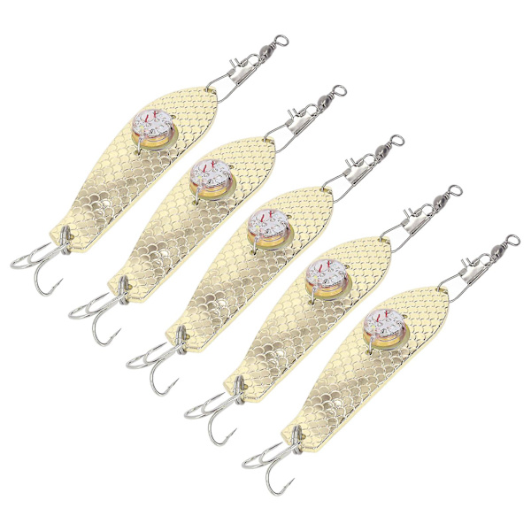 LED Fiske Lokke Lys - 5PCS Rustfritt Stål Flasher Agn med Gull LED Lys for Fiske Tilbehør