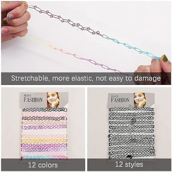 24 stk. choker-kjede sett, elastisk, strekkbar choker-sett for jenter, fargerikt