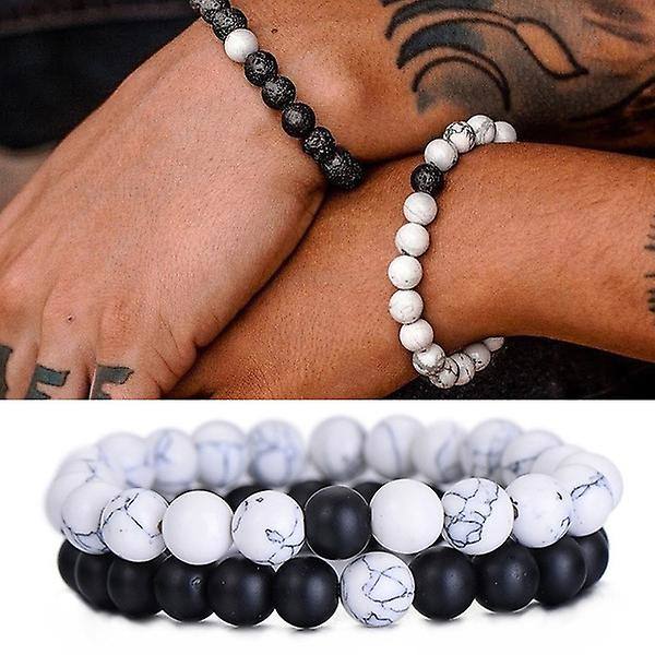 2 stk/sett Par Distanse Armbånd Klassisk Naturlig Stein Hvit Og Svart Yin Yang Perlearmbånd For Menn Kvinner Beste Venn (svart og hvitt)