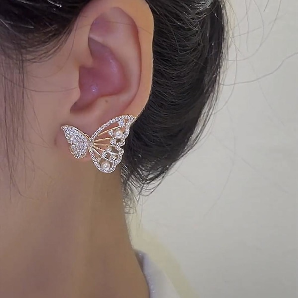 Søte og elegante perle diamant sommerfugl øredobber for jenter damer (2 par)