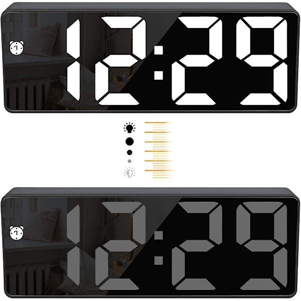 Digital väckarklocka, stor LED-display, spegelklocka med snooze-funktion och brig