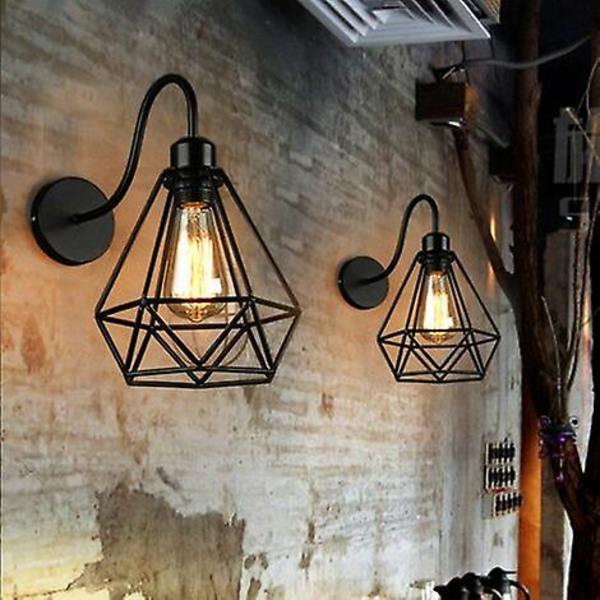 Sæt med 2 sorte væglamper i jern med diamantform, smedet burformet lysekrone, industriel retrolampe E27 til køkken, gang, restaurant, bar