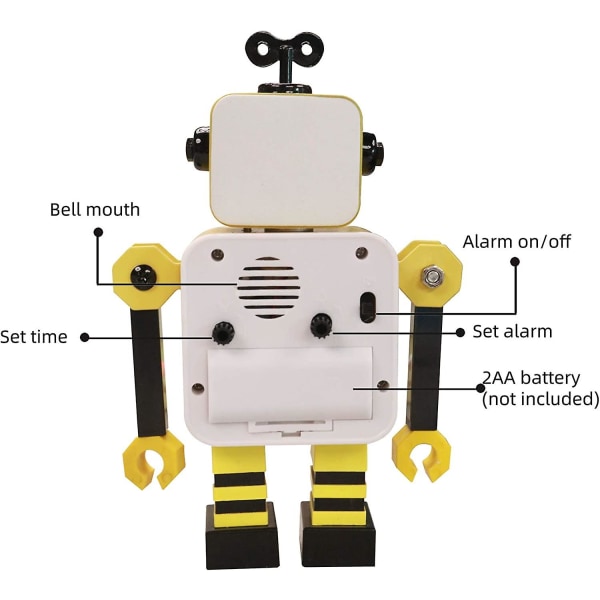 Robotvekkerklokke, rustfritt metall stille vekkerklokke med blinkende lysøyne og roterende arm, gave til barn (gul svart)