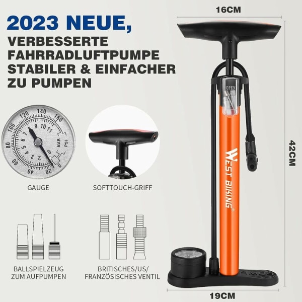 Cykelpump luftpump för alla ventiler - 11 bar / 160 Psi golvluftpump med tryckmätare - golvpump för racercyklar, e-cyklar, mountainbikes