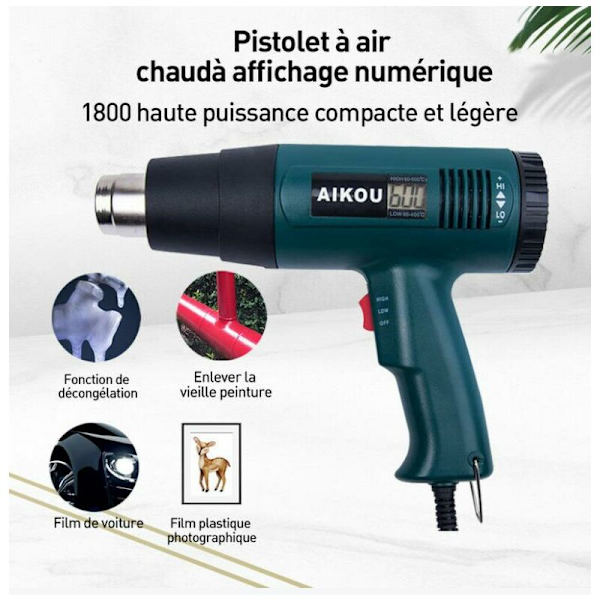 BF varmluftspistol, varmluftspistol 1800 W, LCD-display, temperatur 60 till 600 grader Celsius, snabb uppvärmning, luftflöde 300 till 550 l/min + 4 munstycken