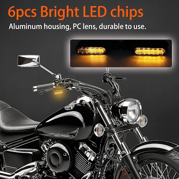 2 st svarta krom LED-blinkers för motorcykel, sekventiella 12 V, universal, godkända, miniblinkers i aluminium, bärnstensfärgat ljus, vattentäta
