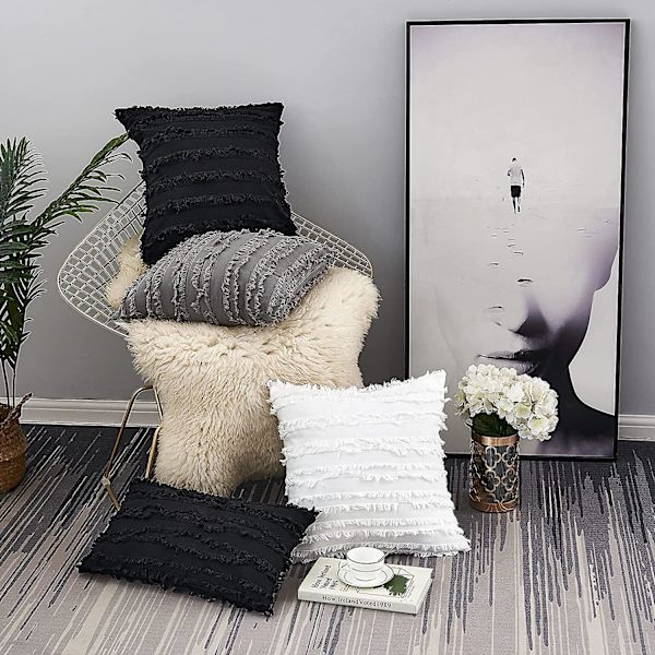 Svart bäddsoffa överkast kuddfodral, bomull och linne dekorativa kuddfodral, 24 x 24 tum, set med 2