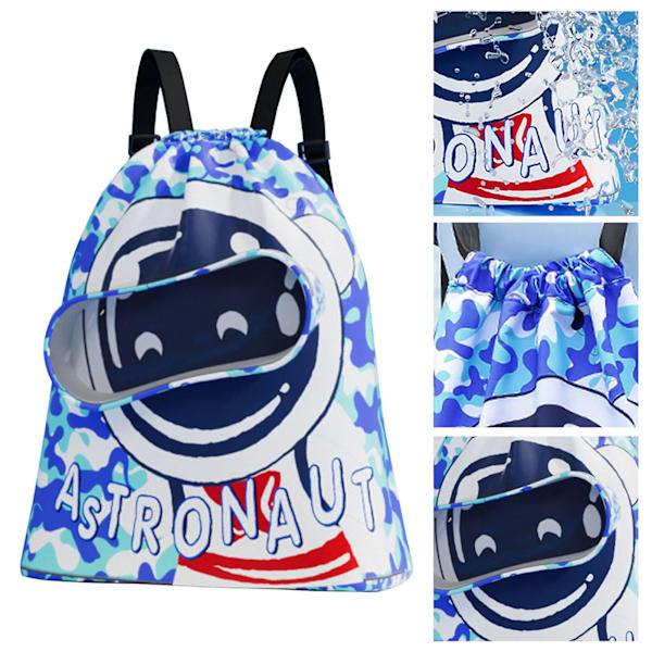 Vattentät barn dragsko simväska med torr våt separation - Liten Ocean Blue Spaceman Design