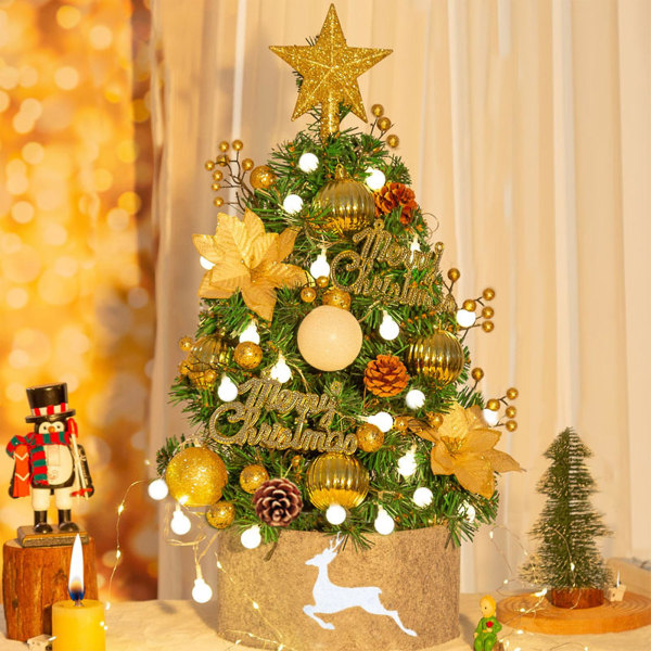 Mini julgran konstgjord liten julgran med LED-lampor Dekorationer,  skrivbords julgransdekoration med julgranskjol（Guld） 081a | Fyndiq