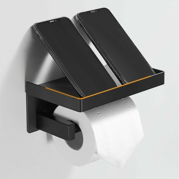 Toalettpappershållare, rullpappershållare Ingen borrning Toalettpappershållare, pappersautomat med hylla, självhäftande lim och badrumsvägg (svart)