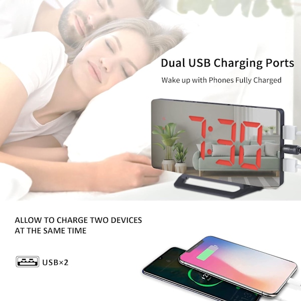 Digital väckarklocka för sovrum. Stor display spegel väckarklocka med dubbla USB
