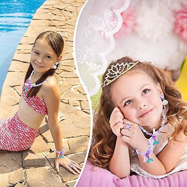 Sjöjungfru Halsband Armband Örhänge Set Barn Liten Sjöjungfru Flicka Prinsessa Lek Sjöjungfru Fest Kostym Dekoration Present Sjöjungfru Tillbehör