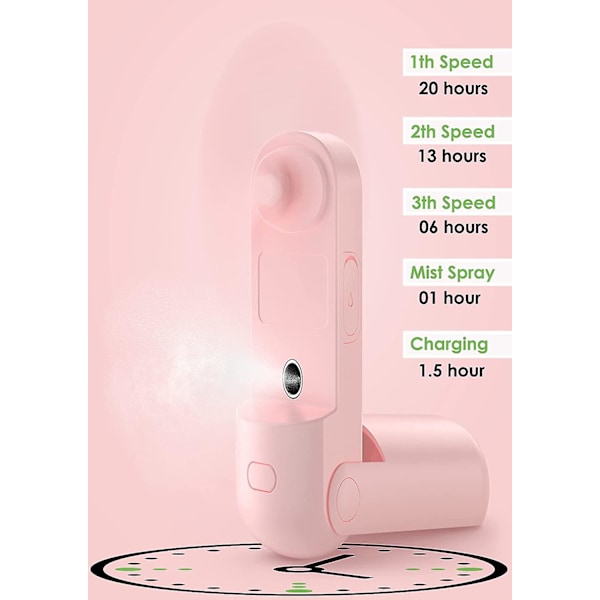 Håndholdt ventilator, 3 i 1 forstøvningsventilator, bærbar mini-ventilator genopladelig batteridrevet, 3 justerbar hastighed, lille USB-ventilator (Pink)