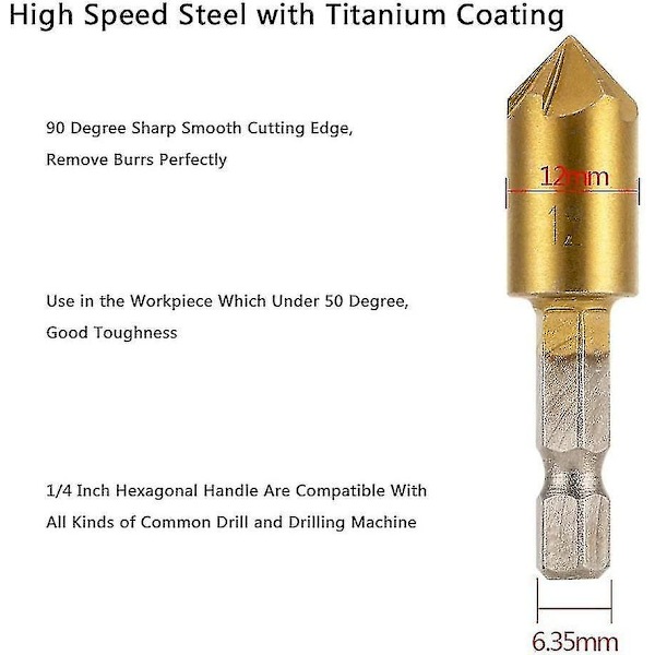 6 st HSS Fasavskärare 90 Grader 5 Spår Fasavskärare Hålskärare Titanbelagd Sänkskruv 1/4\" Träbearbetningsborr Sexkantskaft 6mm 8mm 9m