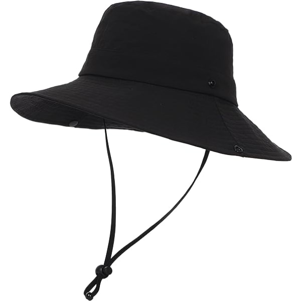 UPF 50+ Black Waterproof Solid Stowable Wide Brim Beach Bucket Hat (Unisex)