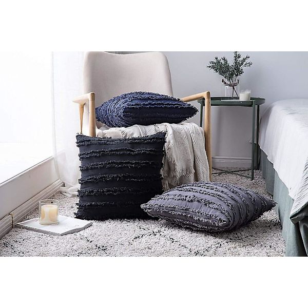 Set med 2 sorte putetrekk Rustikk lin dekorative firkantede pynteputer 16x16 tommer for sofa sofadekorasjon