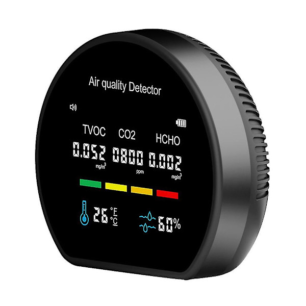 Indendørs luftkvalitetsmonitor Nøjagtig lufttester Detektor Co2 Hcho Tvoc Temperatur Fugtighedsanalysator Alarm Til/fra（Sort）