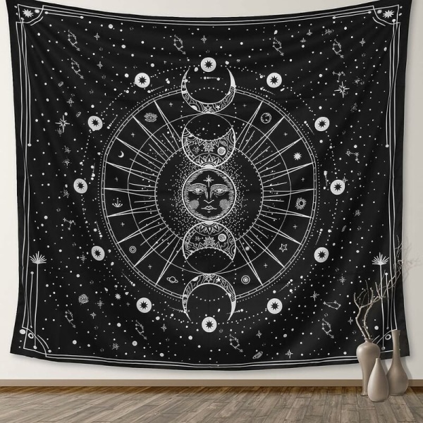 Gobeläng för sovrum Estetik Stjärna Sol Måne Astrologi Vägghängande Svart Vit Psykedeliska sovrumsdekorationer Mystic Väggdekor (130x150cm)