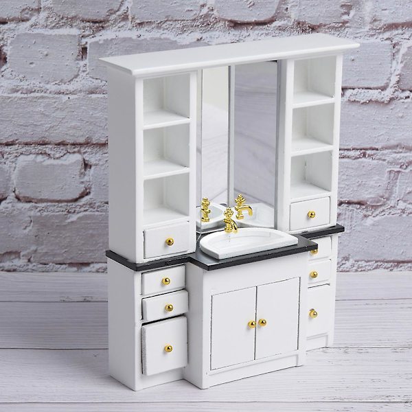 1/12 Dockhus Mini Handfatsskåp Miniatyr Möbler för Badrum Kök Dekoration Vit