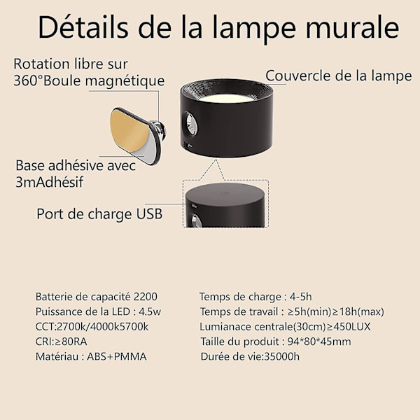 2024 Indendørs væglampe, Touch LED væglampe med USB opladningsport Touch Control, 3 lysstyrkeniveauer 3 temperaturer 360 roterbar sengelampe til Be