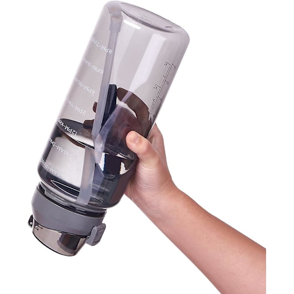 2 liters vannflaske med sugerør og lekkasjesikker flip-lokk, 2000 ml vannflaske BPA-fri med tidsmarkør