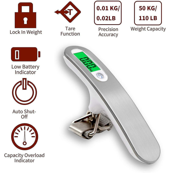 Elektronisk bagagevåg med krokremmar, bärbar elektronisk våg med tareringsfunktion, hängande våg