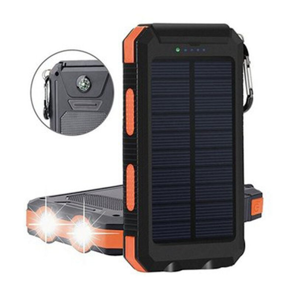 20 000 mAh solcellsladdare, bärbar vattentät powerbank med dubbla strålkastare, 7,7 x 14 x 2,2 cm, svart botten, orange kant