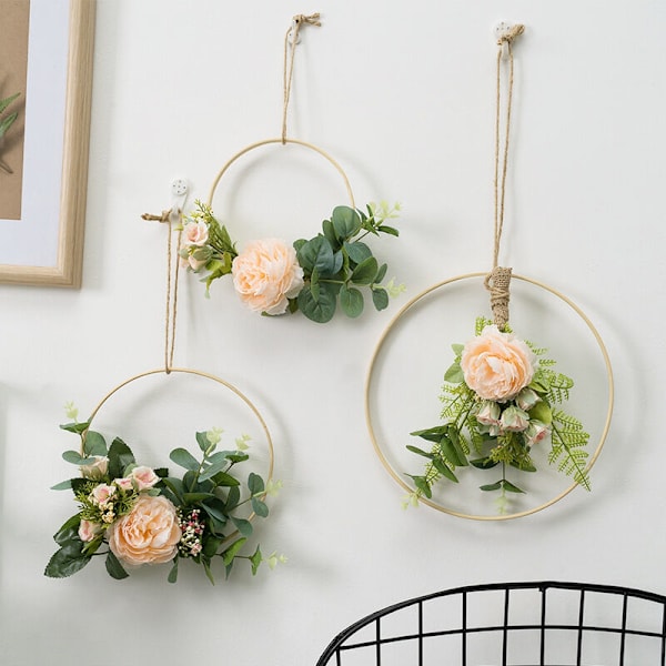Väggmonterad blomsterkrans Konstgjorda blommor Rund ram - (26263cm) Vit te knopp krans