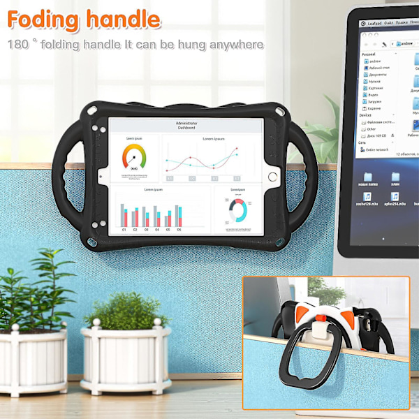 Nytt kattedesign deksel for iPad Mini 1/2/3/4/5 med skulderstropp, to håndtak, 360 roterende stativ, støtsikker design（svart oransje）