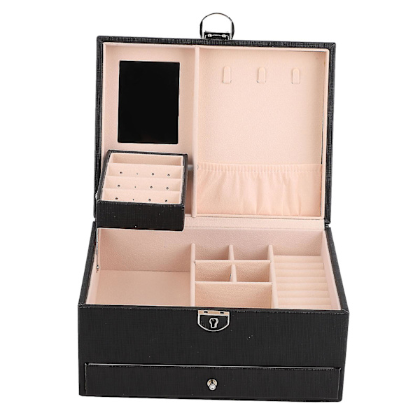 Husholdnings Smykke Opbevaringsboks Vandtæt PU Læder Smykke Etui Dobbelt Lag Opdeling Stor Kapacitet Ornament Organizer Sort