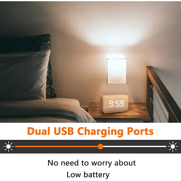 Batteri/USB-laddning LED digital väckarklocka, display temperatur, 3 set med larm och 2 set med larmlägen, 3 ljusstyrkejusteringar (bambuträ)
