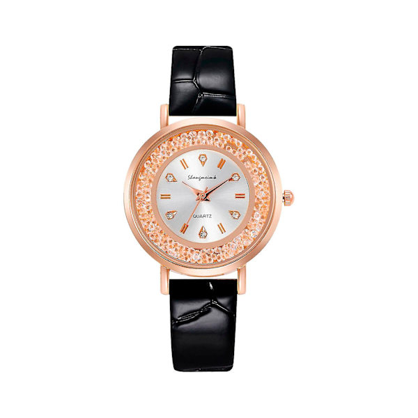 Fashion Damklocka i Kristall och Guldläder Analog Kvarts Armbandsur