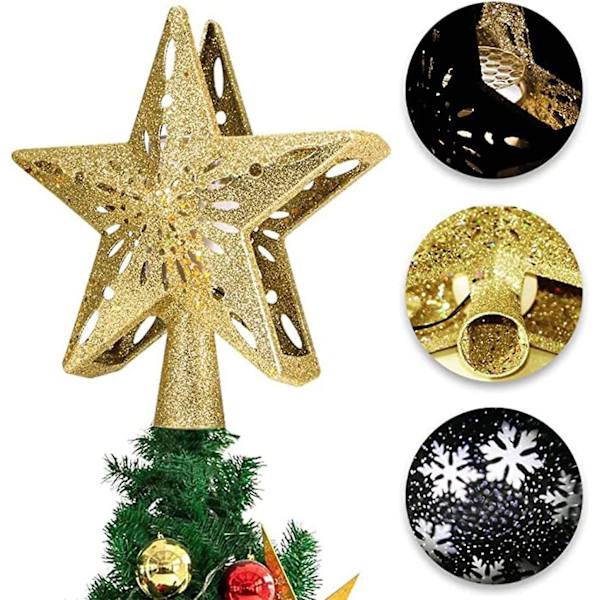 Julgransprydnad med LED-roterande snöflingsprojektor, 3D gyllene glitterstjärna, stjärnhimmelsljus för julgransdekoration