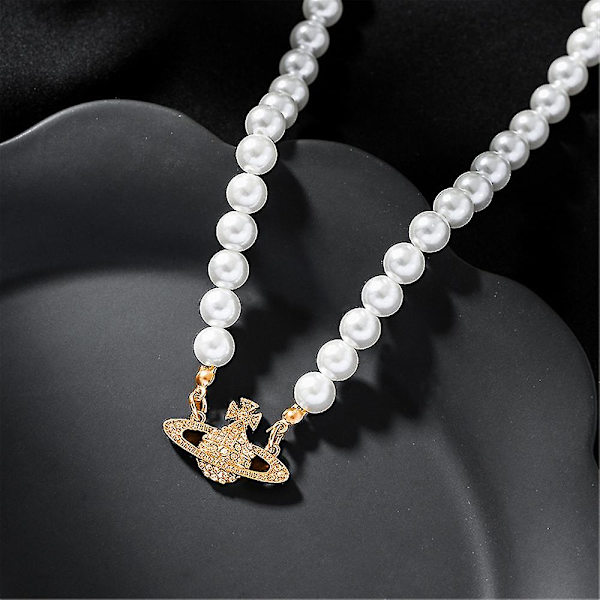 Kvinners perleplanet farget ol anheng halskjede perlekjede rhinestones choker (gull)