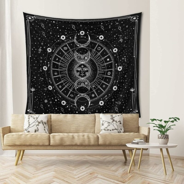 Gobeläng för sovrum Estetik Stjärna Sol Måne Astrologi Vägghängande Svart Vit Psykedeliska sovrumsdekorationer Mystic Väggdekor (130x150cm)
